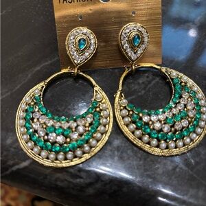 New Gold and Green Crystals Huge Dangling Earrings